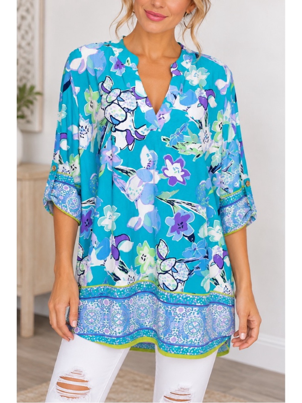 Honeyme blue flower print teal & green Gabby top